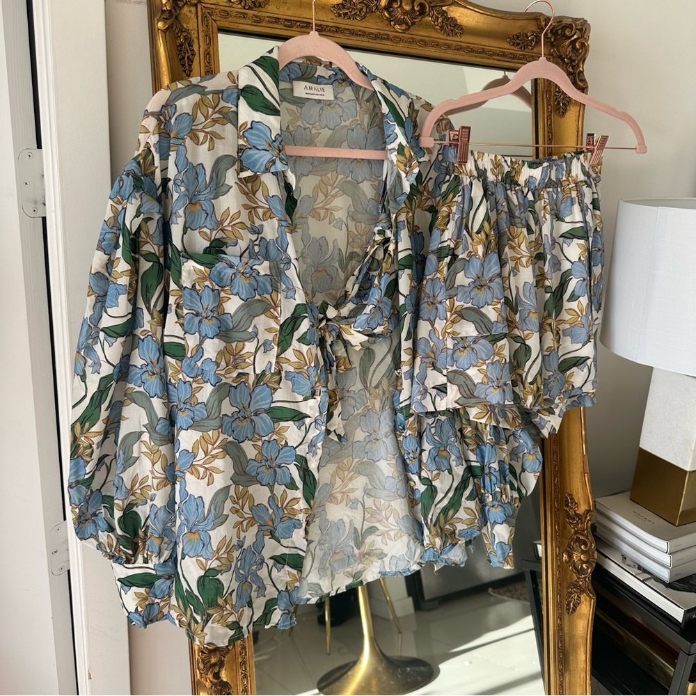 Showpo Blue Floral Button-Up Shirt shorts and bralette - Picture 8 of 10
